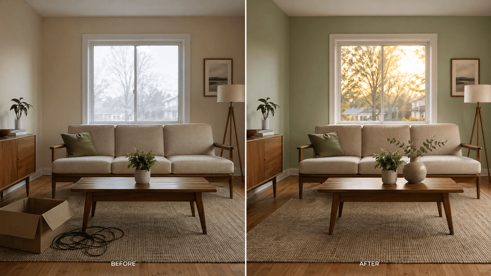 OpenAI AI image generator no-mask editing — same living room shown before and after, with wall color, lighting, and clutter changed by prompt.