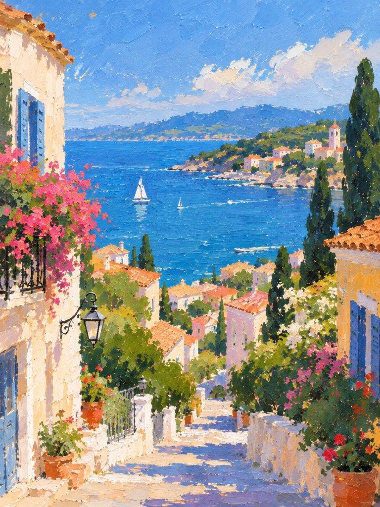 Impressionist coastal village painting