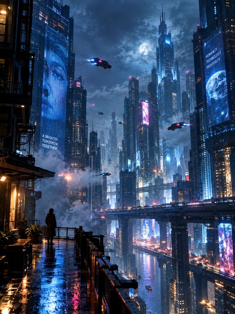 Rainy futuristic megacity