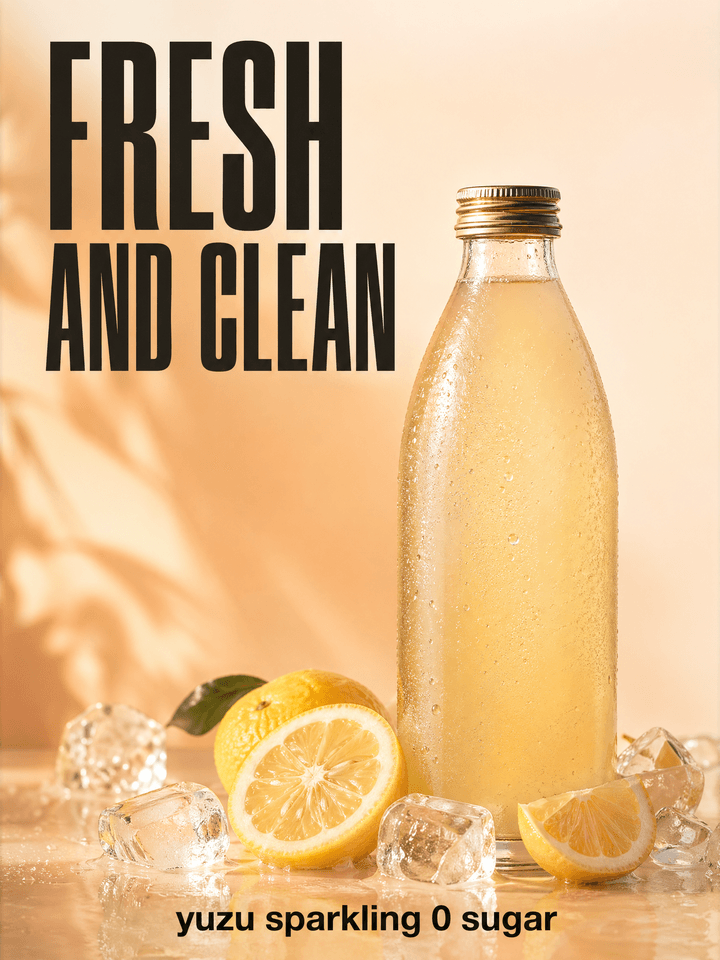 GPT Image 2 sample — vertical magazine ad mockup for a yuzu sparkling drink with bold FRESH AND CLEAN typography.