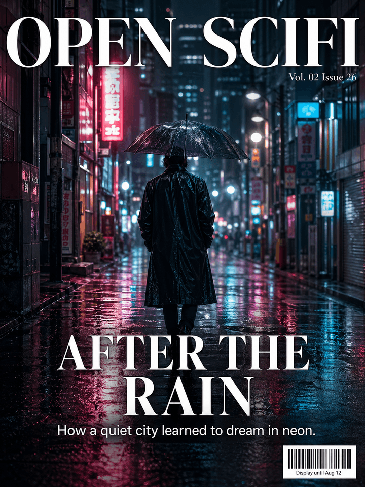GPT Image 2.0 sample — neon noir magazine cover OPEN SCIFI with the headline AFTER THE RAIN.