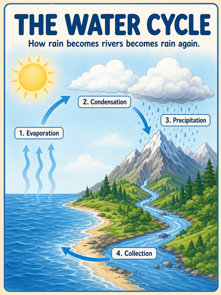 GPT Image 2 sample — classroom infographic poster explaining the water cycle in four labeled stages.
